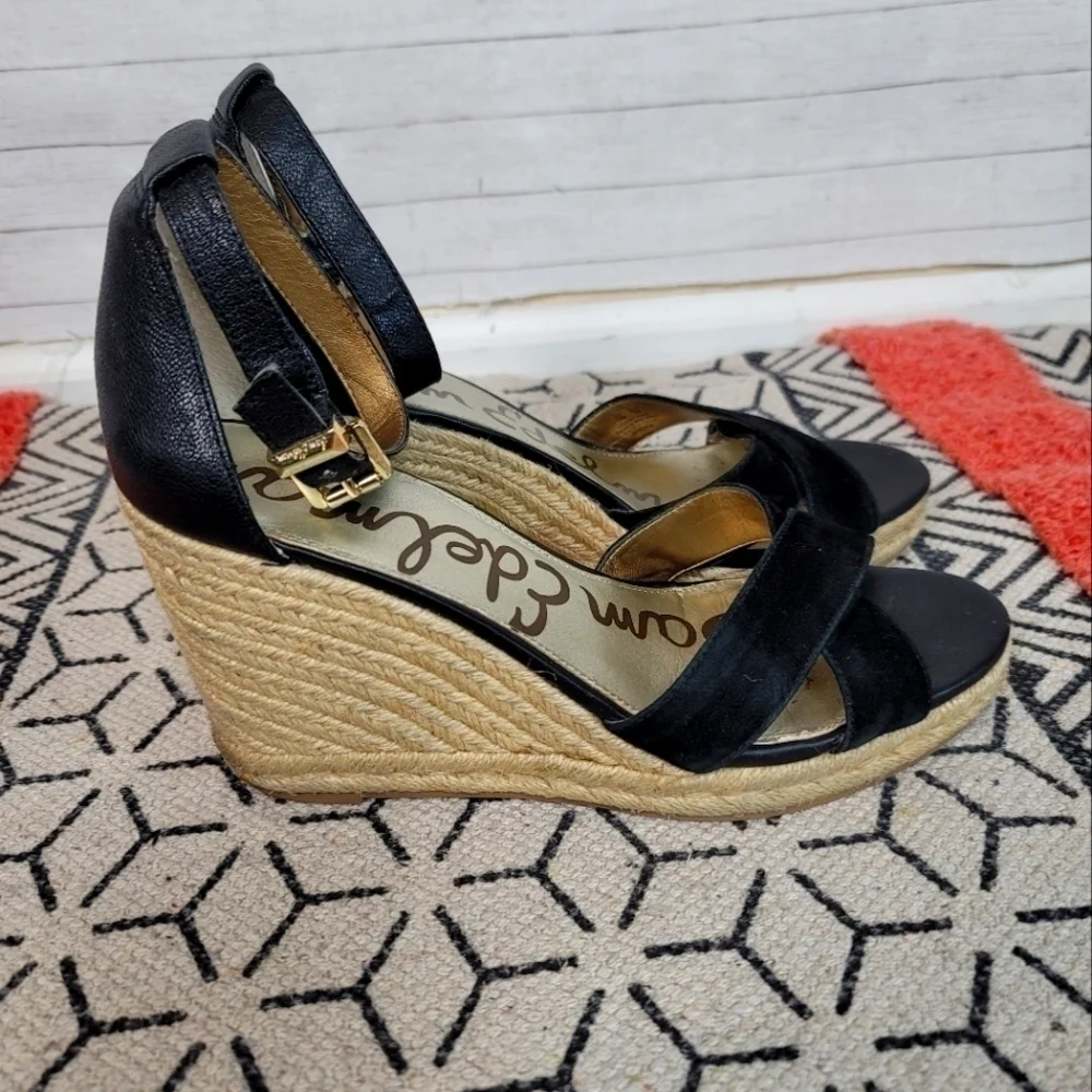 SAM EDELMAN BRENDA BLACK SUEDE ESPADRILLE WEDGES, SZ 10